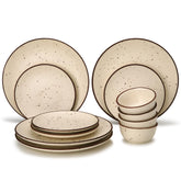 Handcrafted Ceramic Stoneware Dinner Set - Pack Of 12, Beige | 4 Dinner Plates, 10.6 Inch Each + 4 Small Plates, 7.4 Inch Each+ 4 Small Dinner Bowl, 180ml Each - Microwave & Dishwasher Safe